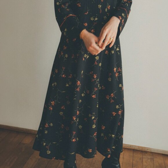 Unique CLANE Original Classic Vintage Black Floral Long Sleeve Maxi Dress - Picture 6 of 11